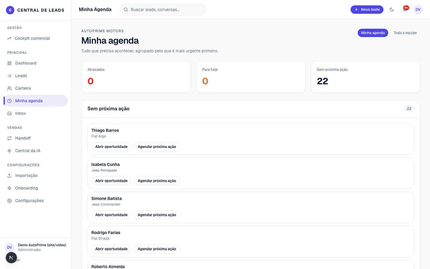 Tela real de Minha Agenda na Central de Leads, com dados demonstrativos da AutoPrime Motors