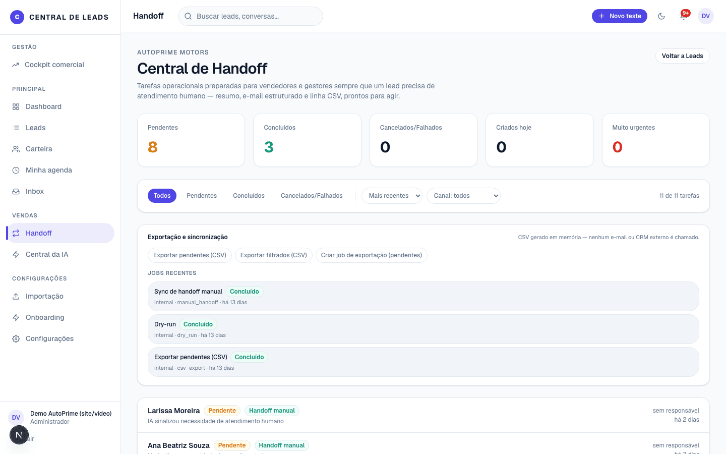 Tela real de Handoff na Central de Leads, com dados demonstrativos da AutoPrime Motors