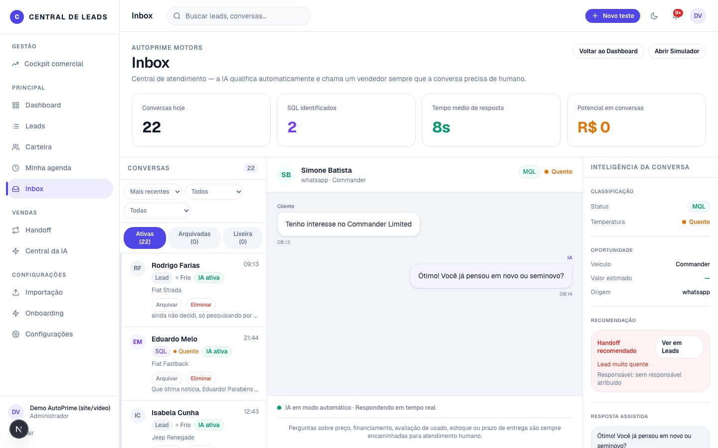 Tela real de Inbox e WhatsApp na Central de Leads, com dados demonstrativos da AutoPrime Motors